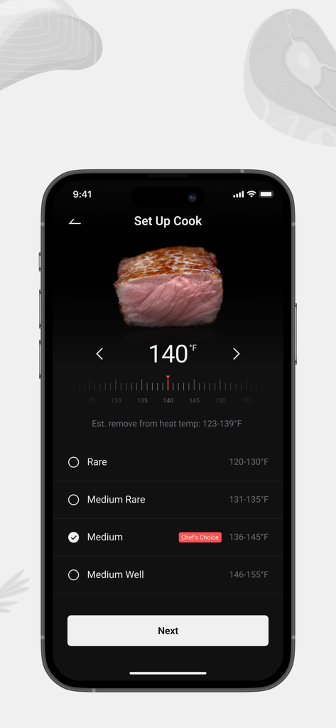 ThermoMaven - Smartphone screen of the ThermoMaven app showing steak doneness settings and target temperature
