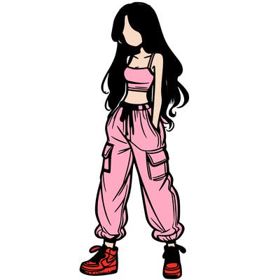 girl in baggy pants crop top and long hair