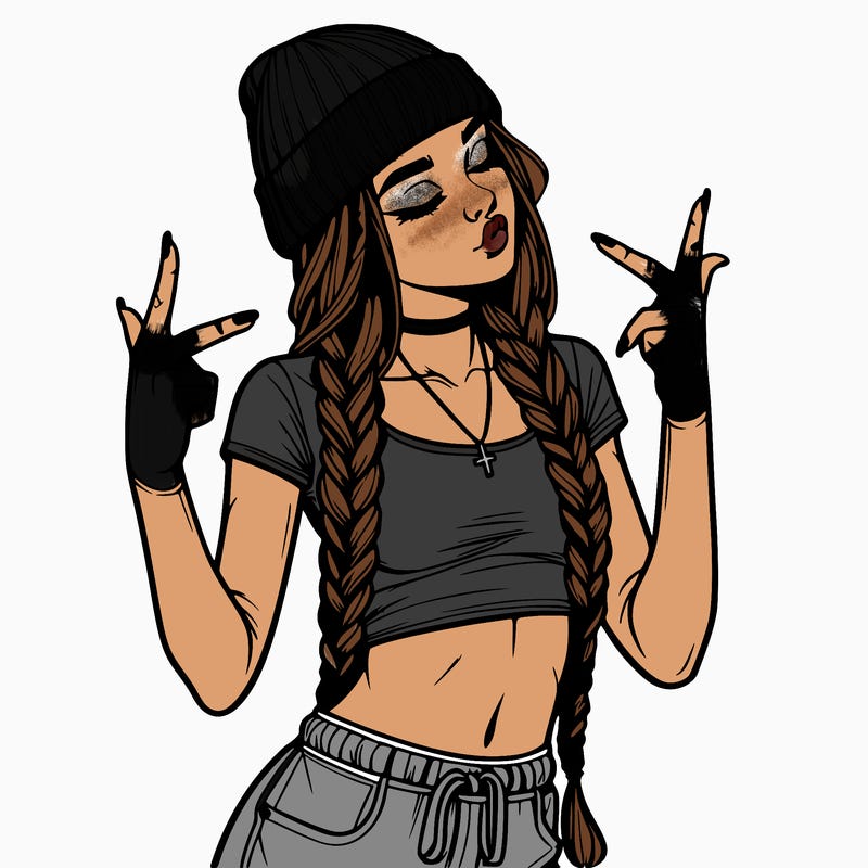 realistic teenage girl with braids and a beanie and crop top doing 🫶🏼