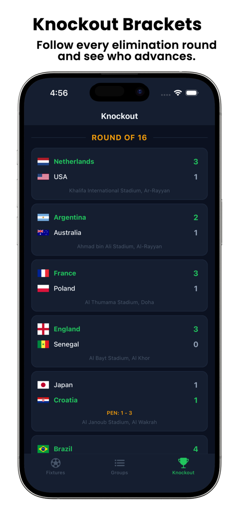 WorldSoccer 26 app interface showing the tournament knockout bracket and Round of 16 scores