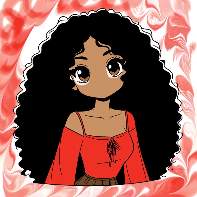 a black anime girl with long afro hair
