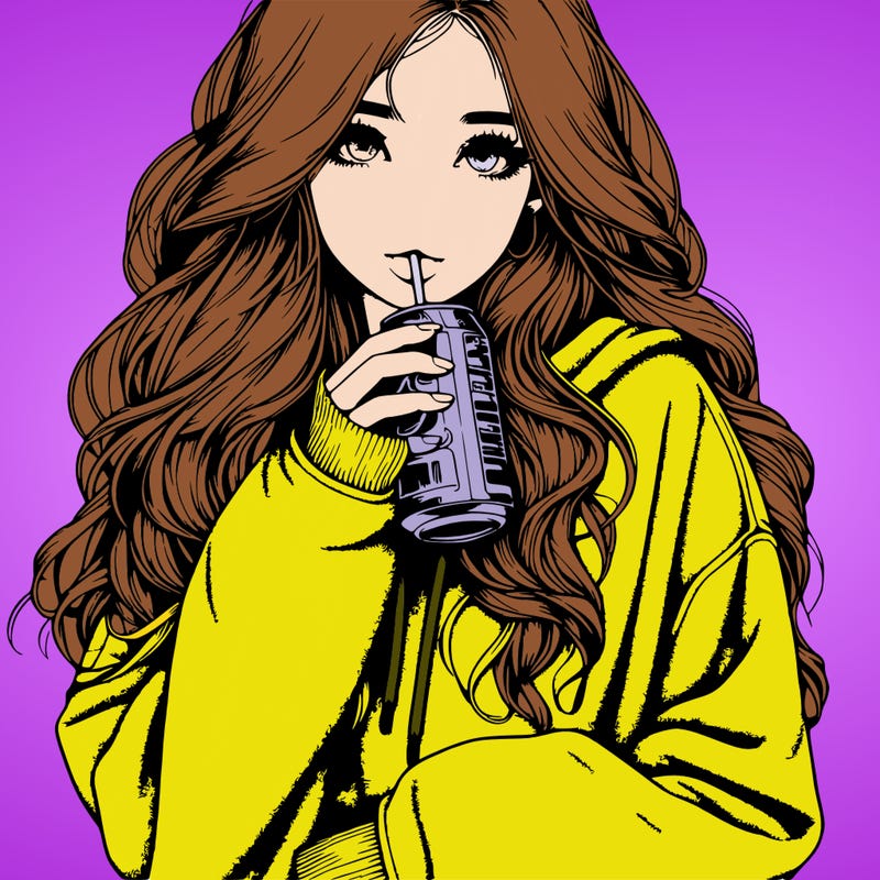 realistic girl with long hair wearing a baggie sweater drinking a dr. pepper