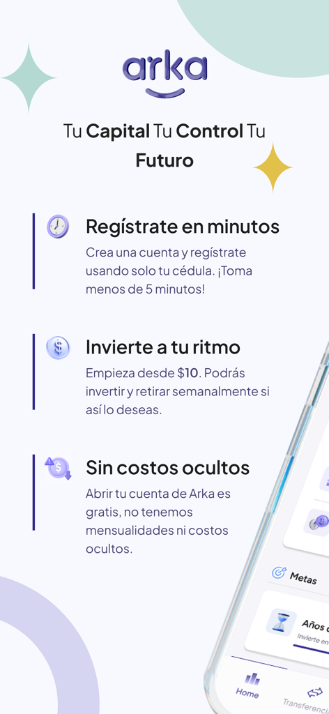 Arka - Tela promocional do aplicativo de investimento Arka destacando registro fácil e baixos custos de entrada em espanhol