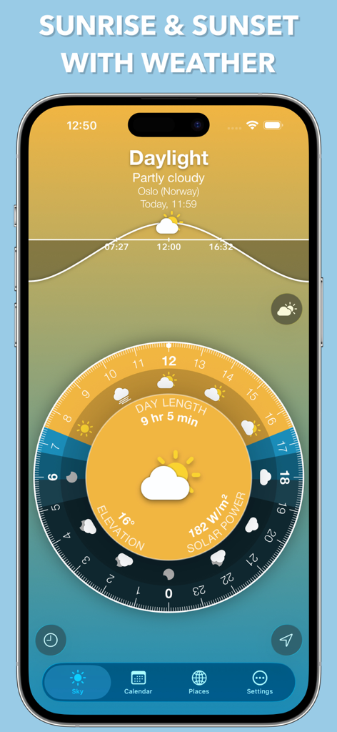 Sunrise Sunset Widget - Interface do aplicativo Widget de Nascer e Pôr do Sol mostrando energia solar, duração do dia e dados meteorológicos em um mostrador circular.
