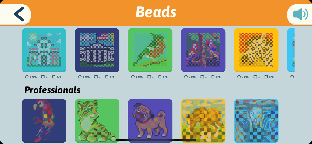 Un menu nell'app smART pixelator 2.0 che mostra vari schemi di pixel art con perline per animali e architettura.