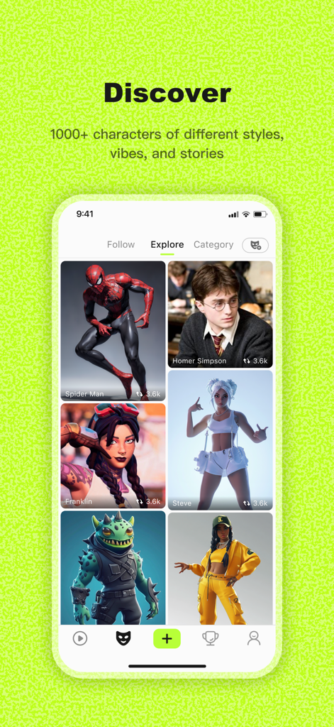 Viggle AI: Meme Maker - Interface do aplicativo Viggle AI mostrando um feed de descoberta com vários personagens para criação de memes