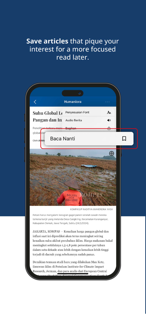 Kompas.id: Baca Berita Lengkap - Kompas.id app interface showing the Read Later feature for saving news articles.
