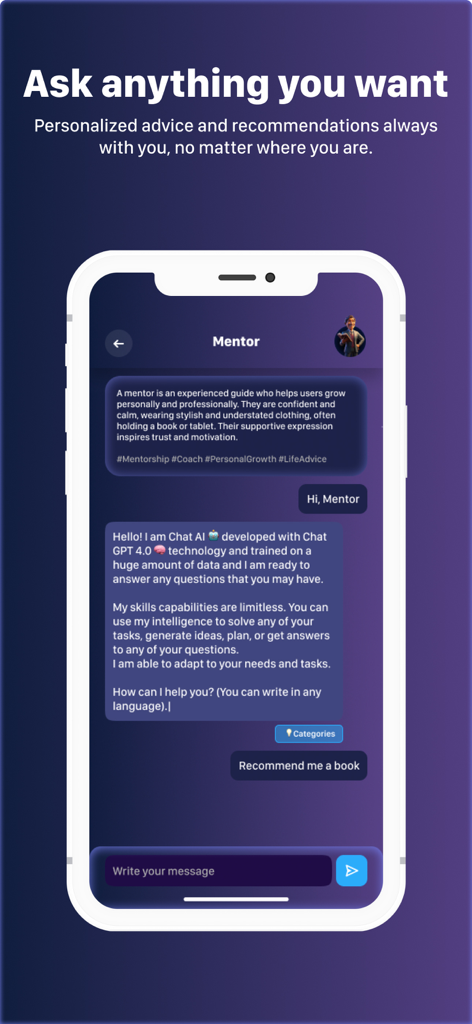 Interfaz de chat de la app Perspective AI mostrando la personalidad del Mentor y una conversación sobre recomendaciones de libros