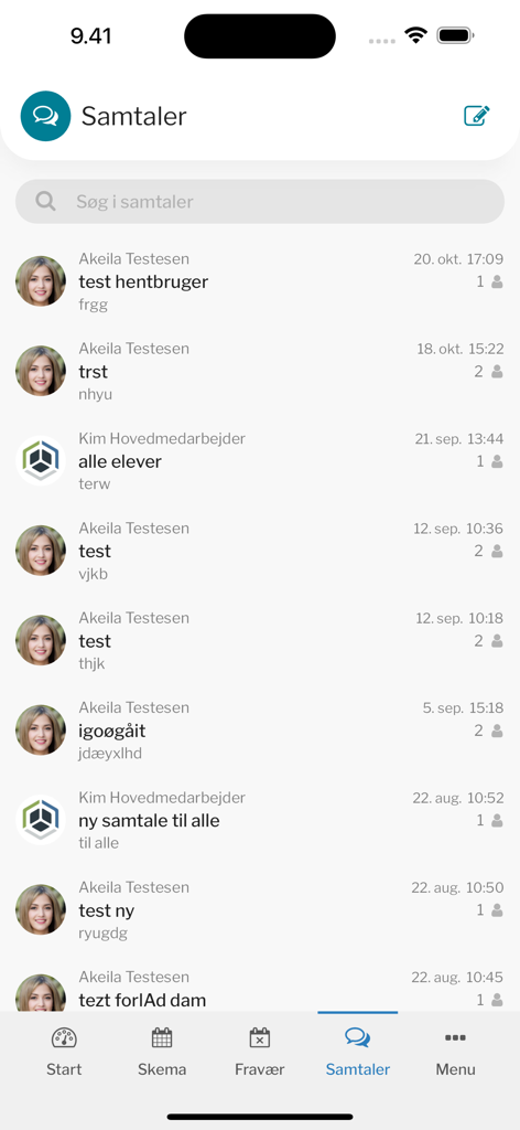 Studie+ - The conversations interface of the Studie plus app displaying a list of student and teacher messages
