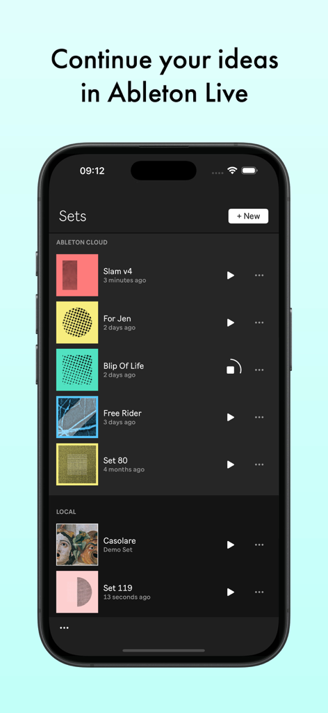 Ableton Note - Écran de smartphone montrant l'application Ableton Note avec une liste de sets musicaux et d'options de synchronisation cloud.