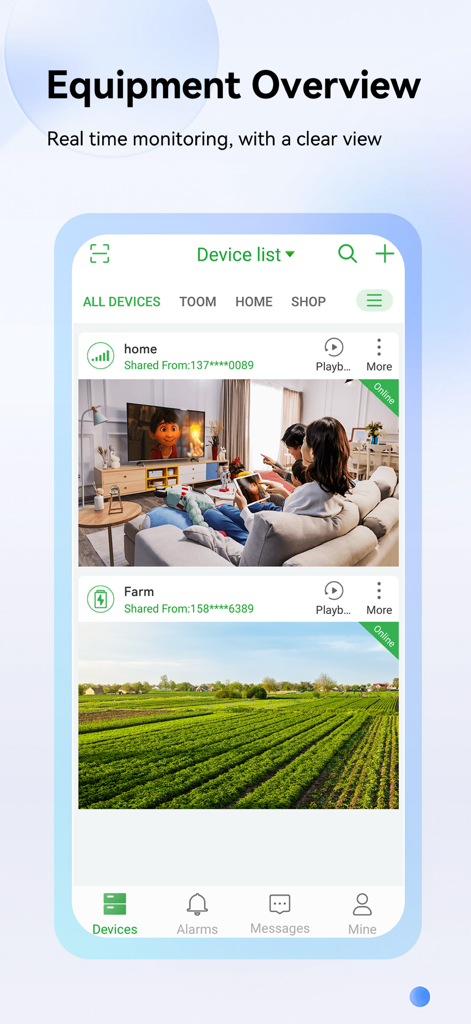 Seetong App-Oberfläche, die eine Geräteliste mit Echtzeit-Video-Feeds für die Heim- und Farmüberwachung anzeigt