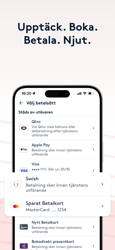 Bokadirekt: Skönhet & Hälsa - Apple Pay, Swish 및 신용카드 옵션이 있는 Bokadirekt 앱 결제 선택 화면을 보여주는 스마트폰