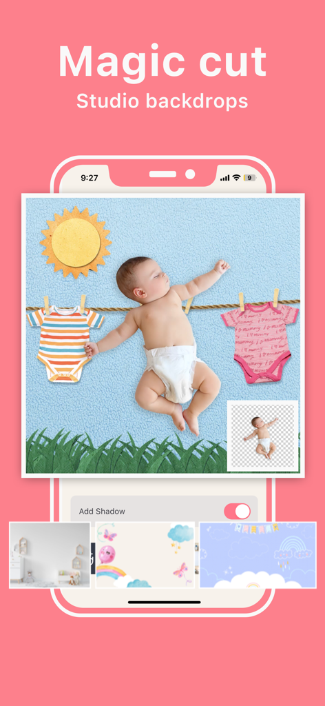 Baby Art: Baby Photo Editor - Interfaz de la aplicación Baby Art mostrando una foto de bebé con un fondo de estudio creado con la función de corte mágico