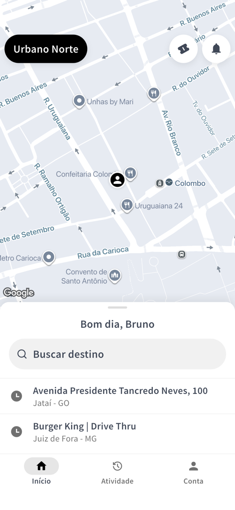 Urbano Norte - Tela inicial do aplicativo Urbano Norte com um mapa e barra de pesquisa de viagens