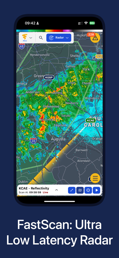 WeatherWise mobile app interface displaying FastScan ultra low latency radar with high resolution storm tracking data