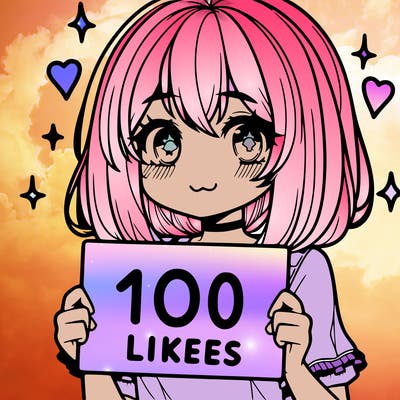 anima girl holding a 100 likes sign in her hand
