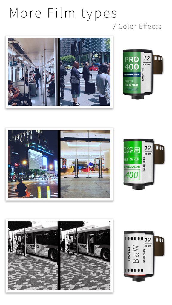 Showcase of color and black and white film simulation styles for creating diptych photos in the Halframe app