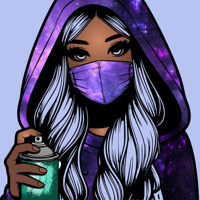 girl wearing a mask with long hair with her hood up spray-painting realistic