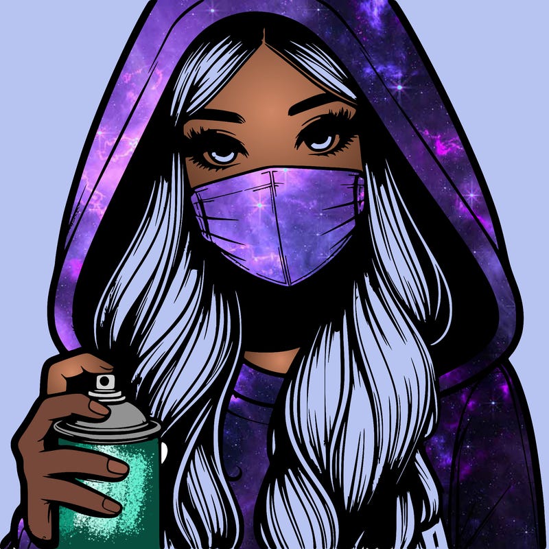 girl wearing a mask with long hair with her hood up spray-painting realistic