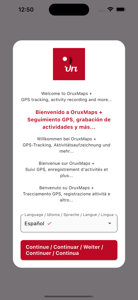 Pantalla de bienvenida de la aplicación OruxMaps que muestra opciones de selección de idioma para el seguimiento GPS y la grabación de actividades.