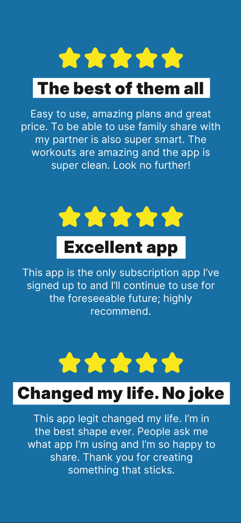 Gym Workout Planner - Gym Plan - Três testemunhos positivos de 5 estrelas para a app Gym Workout Planner destacando os seus resultados e facilidade de utilização