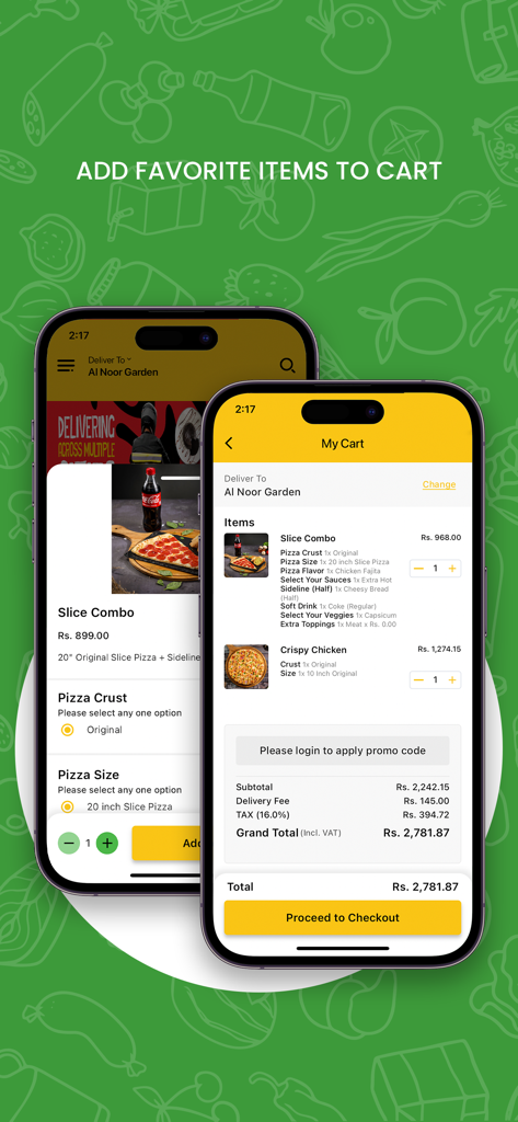 14th Street Pizza Co. - Mobile screens of 14th Street Pizza app showing pizza selection and checkout cart