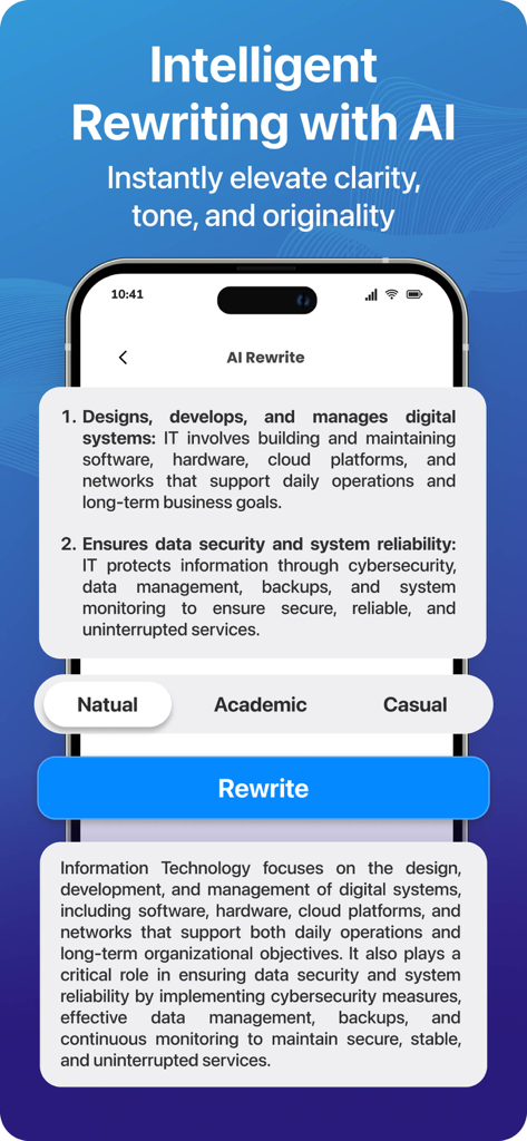 Screenshot of the TurniTin app showing the AI rewrite tool with options for natural academic and casual tones