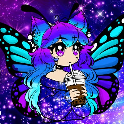 a realistic butterfly/furry girl drinking boba