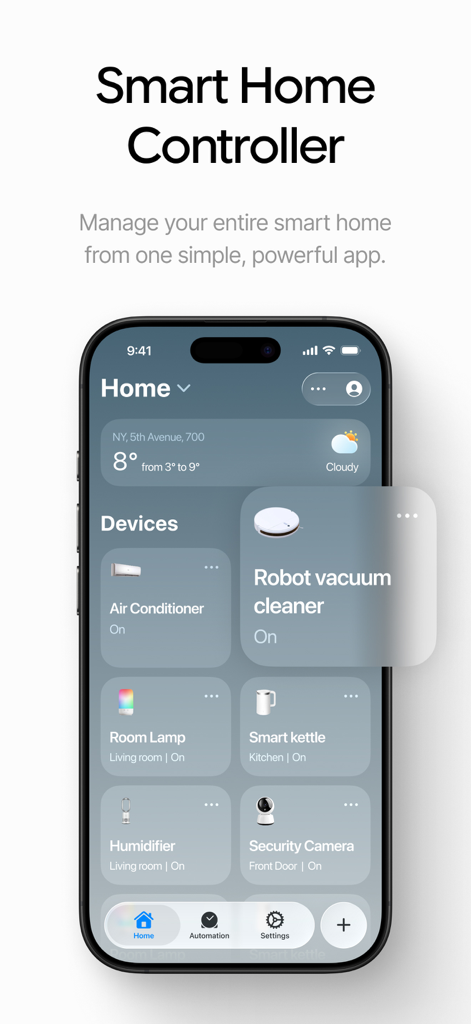 Pantalla del iPhone mostrando el panel de la Smart Life Home App con varios controles de dispositivos domésticos inteligentes