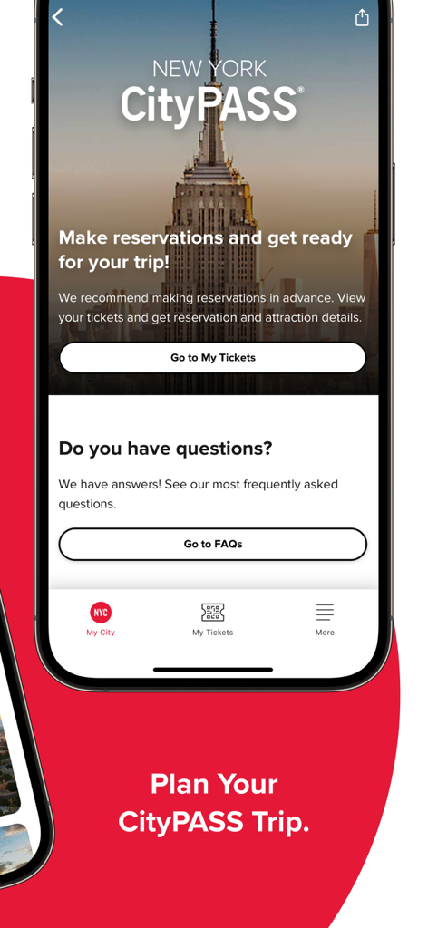 My CityPASS - My CityPASS app interface for New York City showing trip planning and reservation options