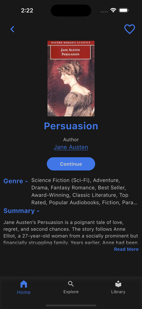 Book details screen for Persuasion by Jane Austen in the Audiobooks King app