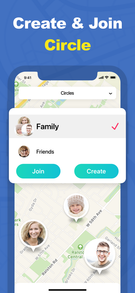 Interface de l'application Localiser mon téléphone montrant les options pour créer ou rejoindre des cercles privés familiaux et amicaux sur une carte