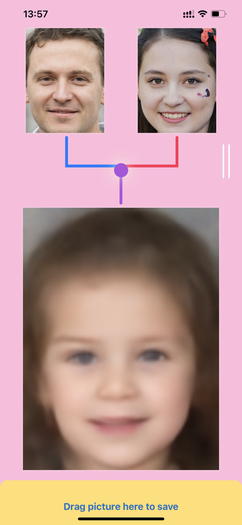 baby predictor: AI Generator - Baby predictor app interface showing parent photos and an AI generated child result