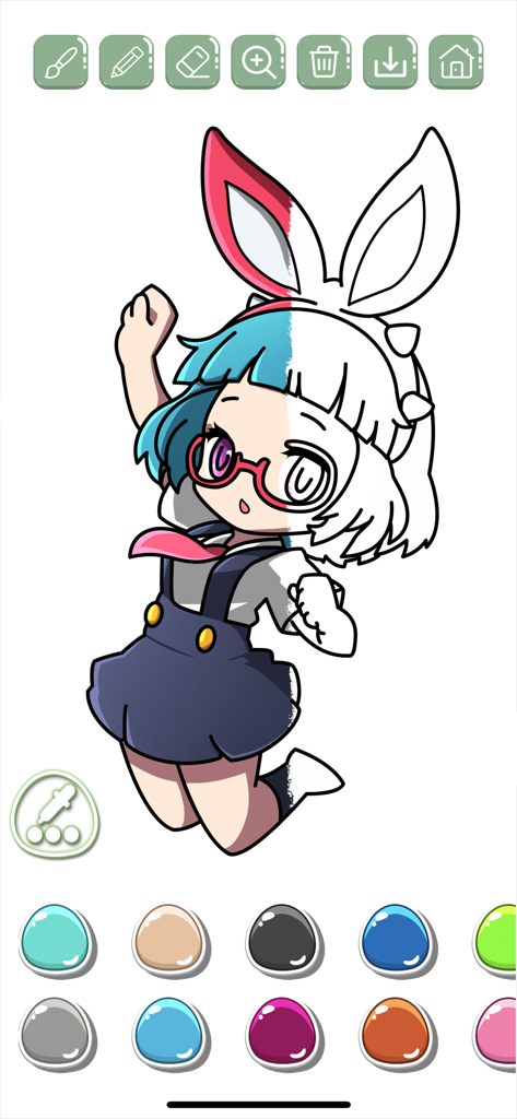 Manga & Anime coloring book - Digital coloring page of a cute chibi anime girl with bunny ears and color palette
