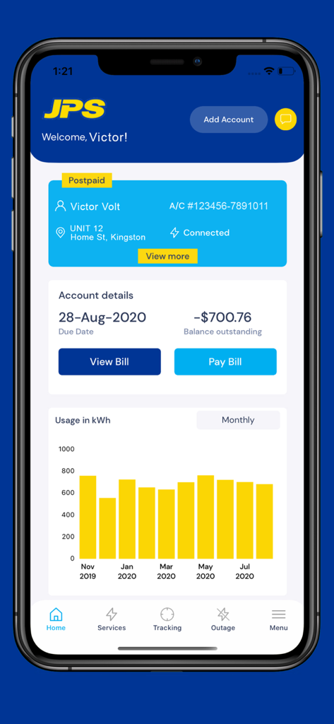 MyJPS - El panel de la aplicación MyJPS muestra el saldo de la cuenta, las opciones de pago de facturas y el gráfico de uso de energía mensual.