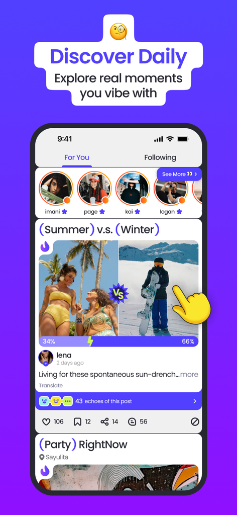 Viberse: A New Way to Social - Viberse app interface showing a Discover Daily feed with a photo poll comparing summer and winter vibes among users.