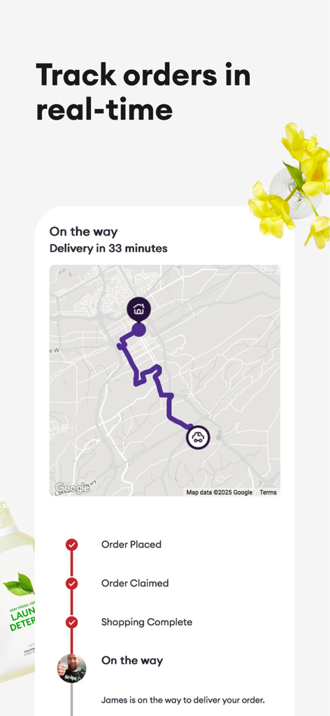 Shipt: Order Grocery Delivery - Interfaz de la aplicación Shipt que muestra un mapa de entrega en tiempo real y una línea de tiempo del estado del pedido.