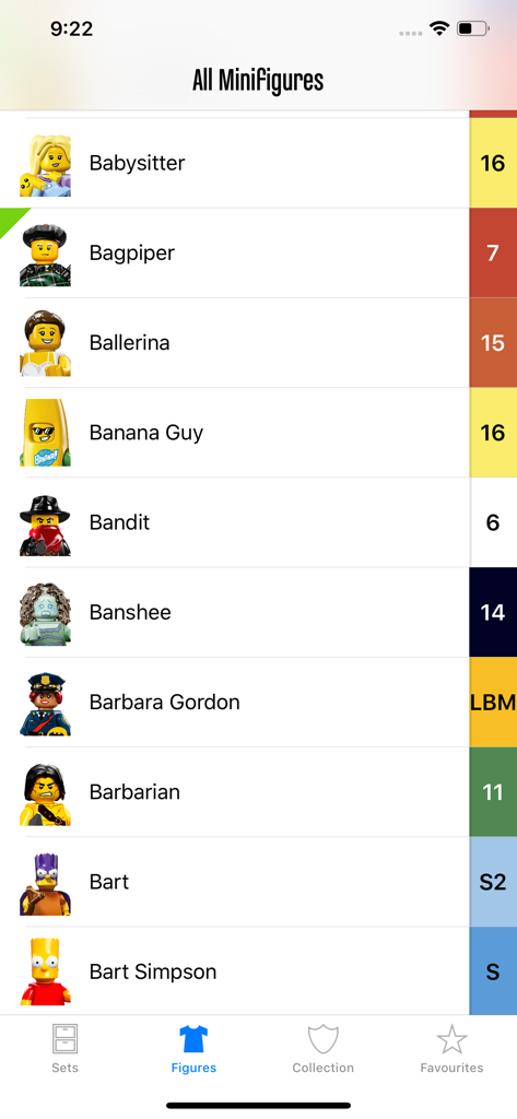 A list of LEGO minifigures within the Minifig Collector app showing names and series codes