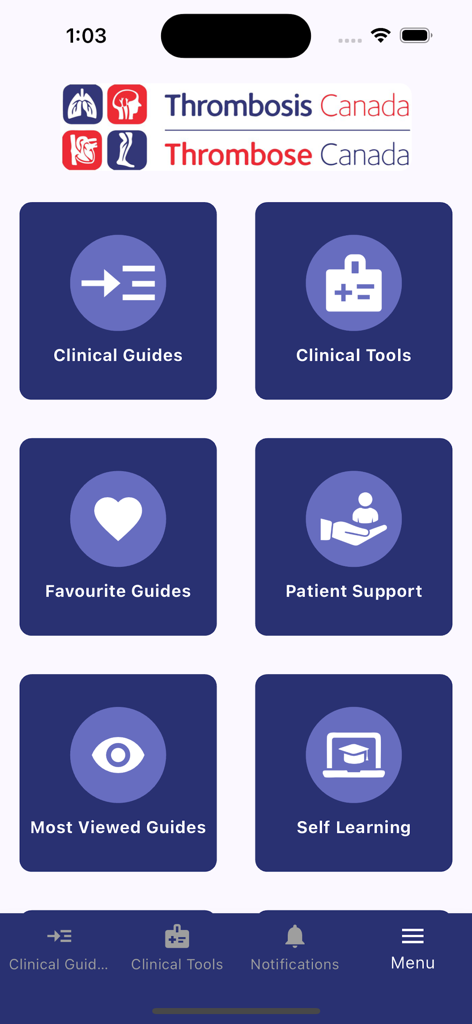 Dashboard der Thrombosis Canada App mit klinischen Leitfäden und Werkzeugen für medizinisches Fachpersonal