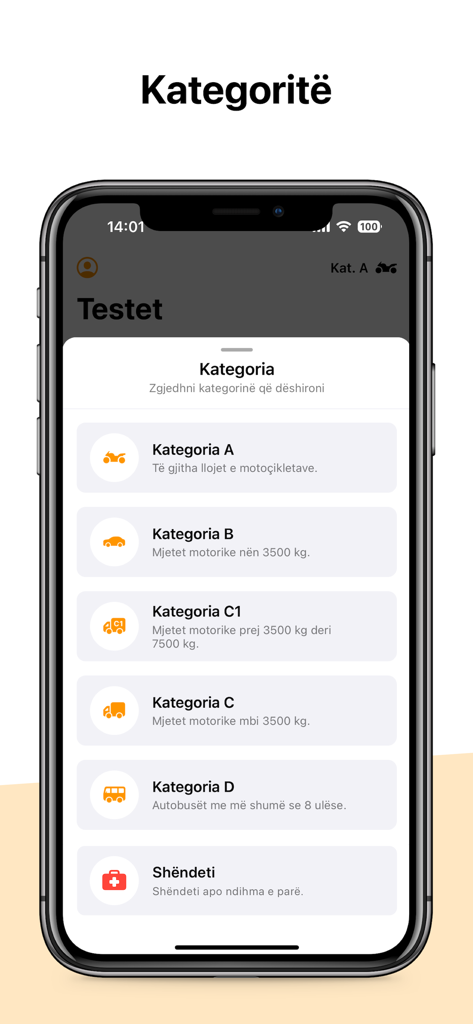 Autoshkolla Kosoveモバイルアプリの運転免許証カテゴリーA B C Dのリスト