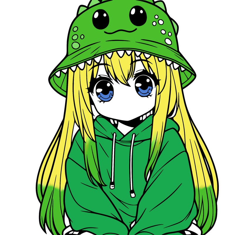 girl with anime shaped eyes with a dinosaur bucket hat oversized sweatshirt long straight hair