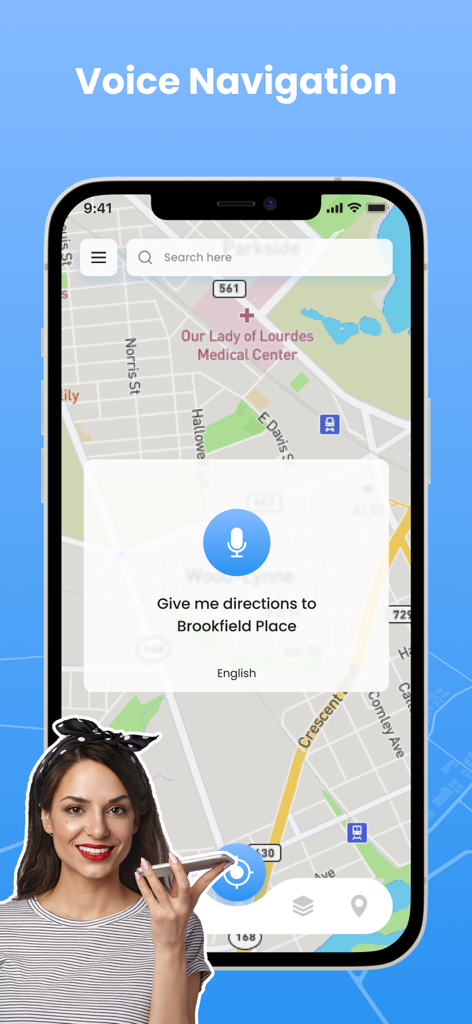 A woman using voice commands for navigation on the GPS Navigation app
