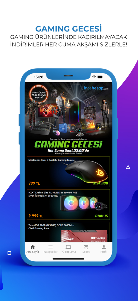 incehesap mobile app screen showing special Friday night discounts on gaming hardware