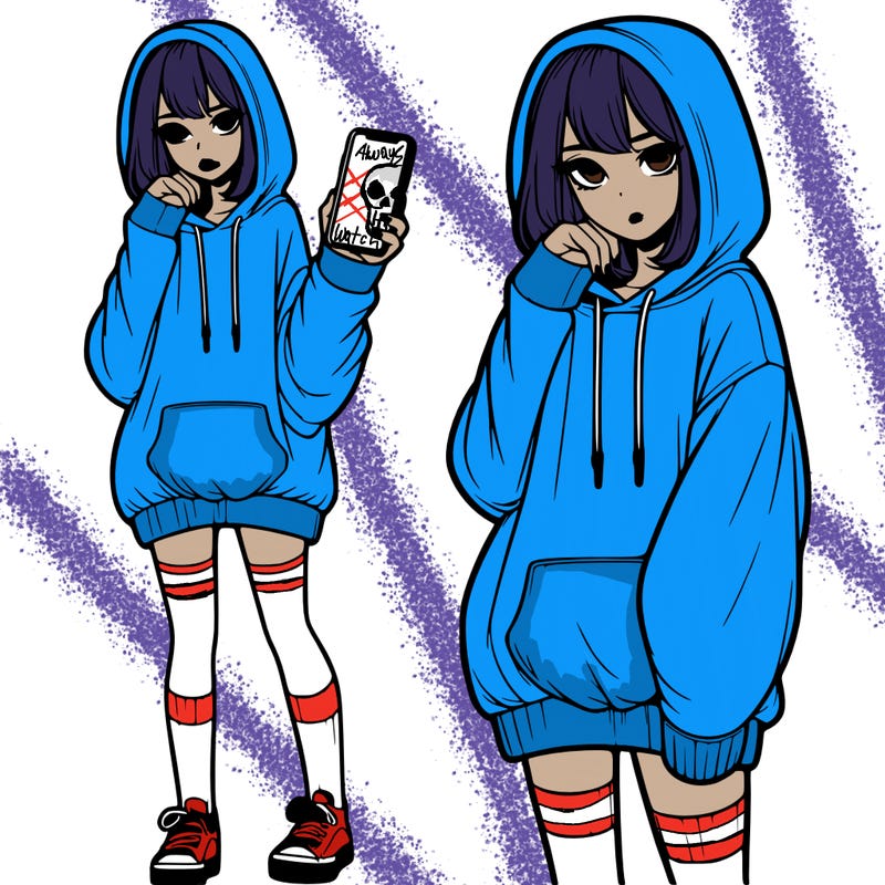 realistic girl who looks tired and is wearing an oversized hoodie and knee high socks and is holding a phone