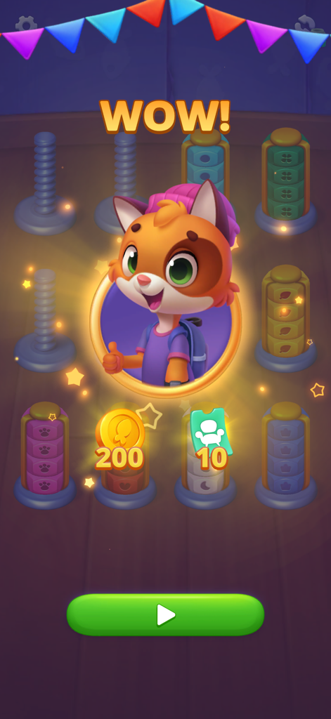 Nuts UP! Bolts Sort Puzzle - Level complete screen showing reward coins and a cute fox character giving a thumbs up in the Nuts UP! game.