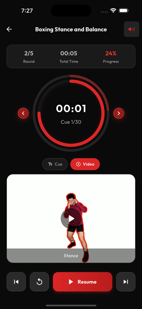 Interfaz de entrenamiento de postura y equilibrio de boxeo con tutorial en video y temporizador de entrenamiento