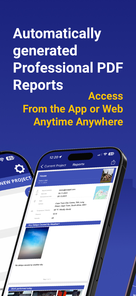 Mobile App-Oberfläche zeigt automatisch generierte professionelle PDF-Bauberichte