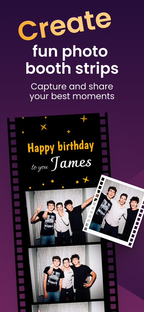 Ein digitaler Fotostreifen zum Thema Geburtstag, der drei Freunde und eine personalisierte Nachricht für James zeigt.