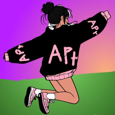 realistic girl jumping with a bun and oversized sweatshirt