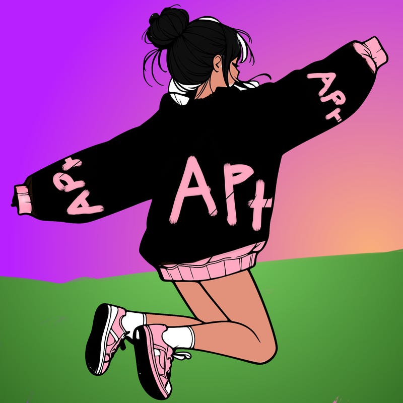 realistic girl jumping with a bun and oversized sweatshirt